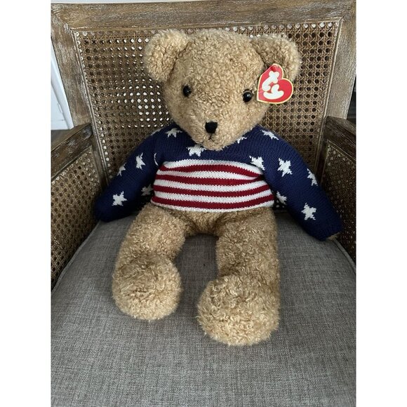TY Beanie 24” Stars & Stripes Forever Large Curly Teddy Bear 1991 Vintage - Picture 1 of 2